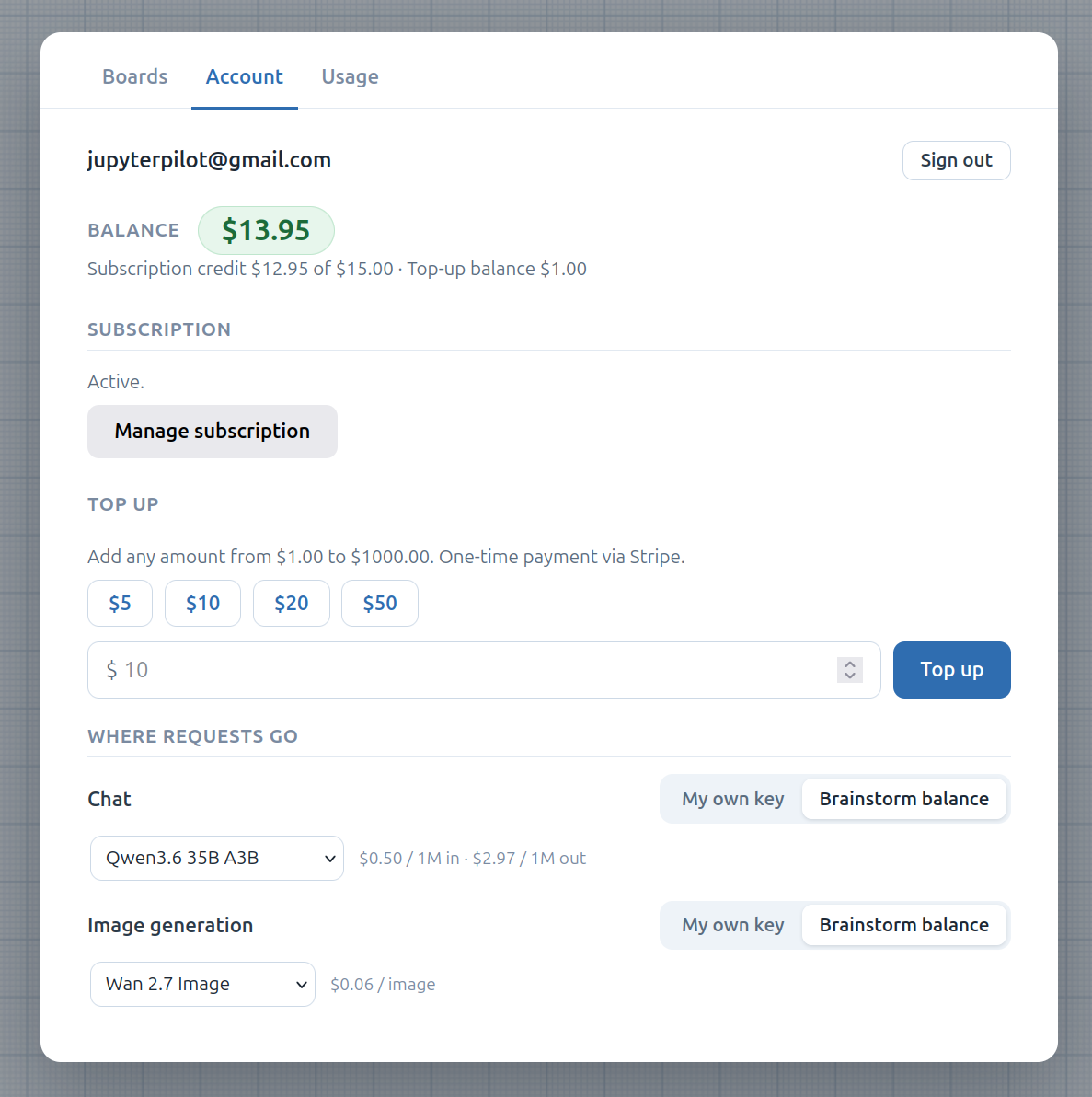 The Account tab showing the signed-in state, balance pill, and per-track BYOK-vs-hosted controls for Chat and Image generation
