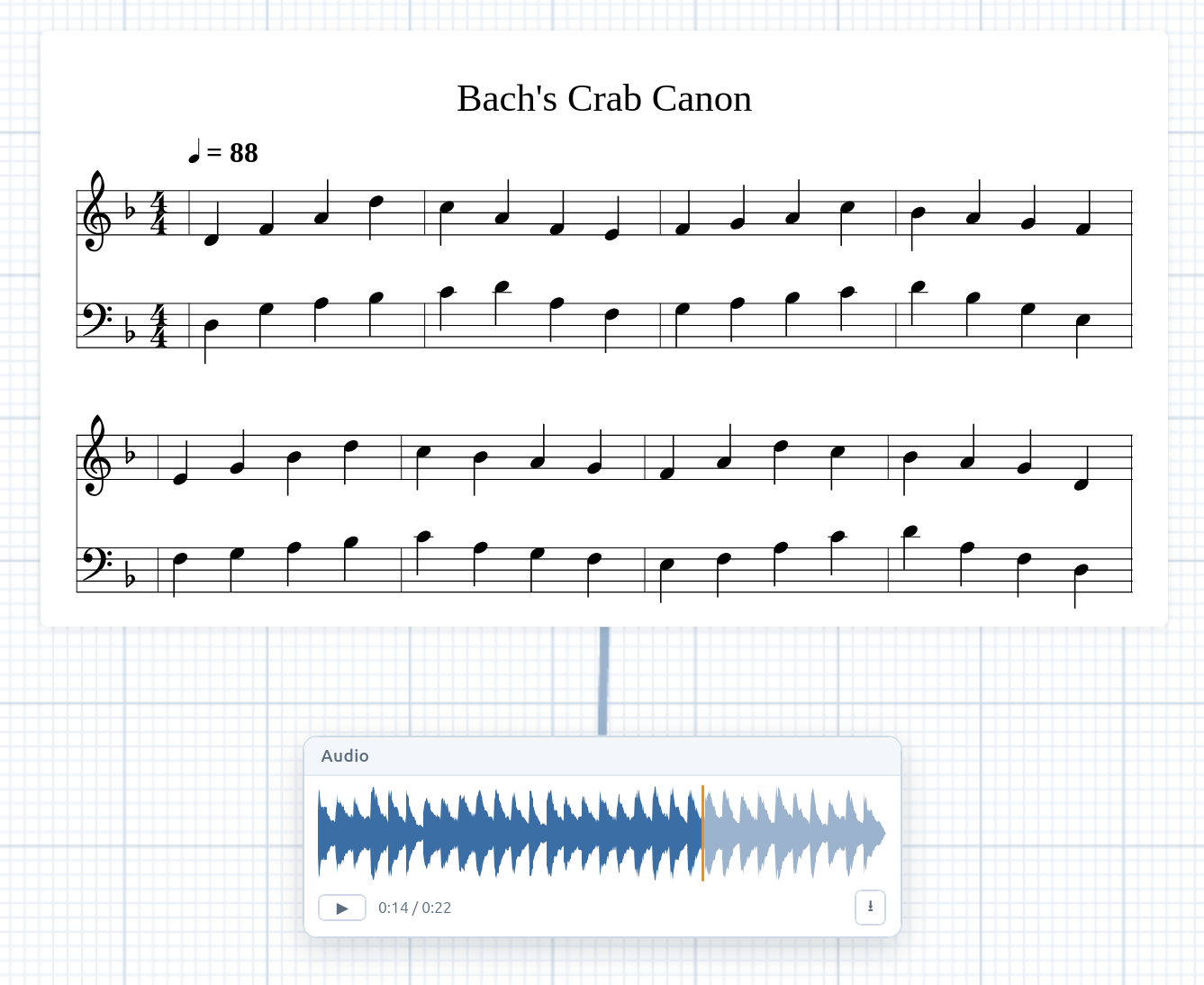 A tune engraved as sheet music on the board, with its rendered clip playing in a waveform audio bubble linked beneath