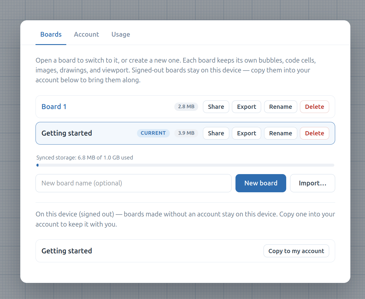 The hamburger-menu modal open on the Boards tab, listing several boards with the current one badged and New / Rename / Delete / Export controls