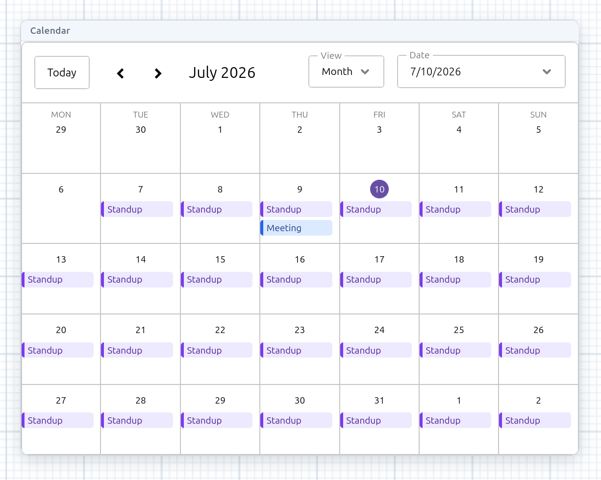 An event calendar mounted on the board in week view, with color-coded events, a current-time line, and its month/week/day/agenda toolbar