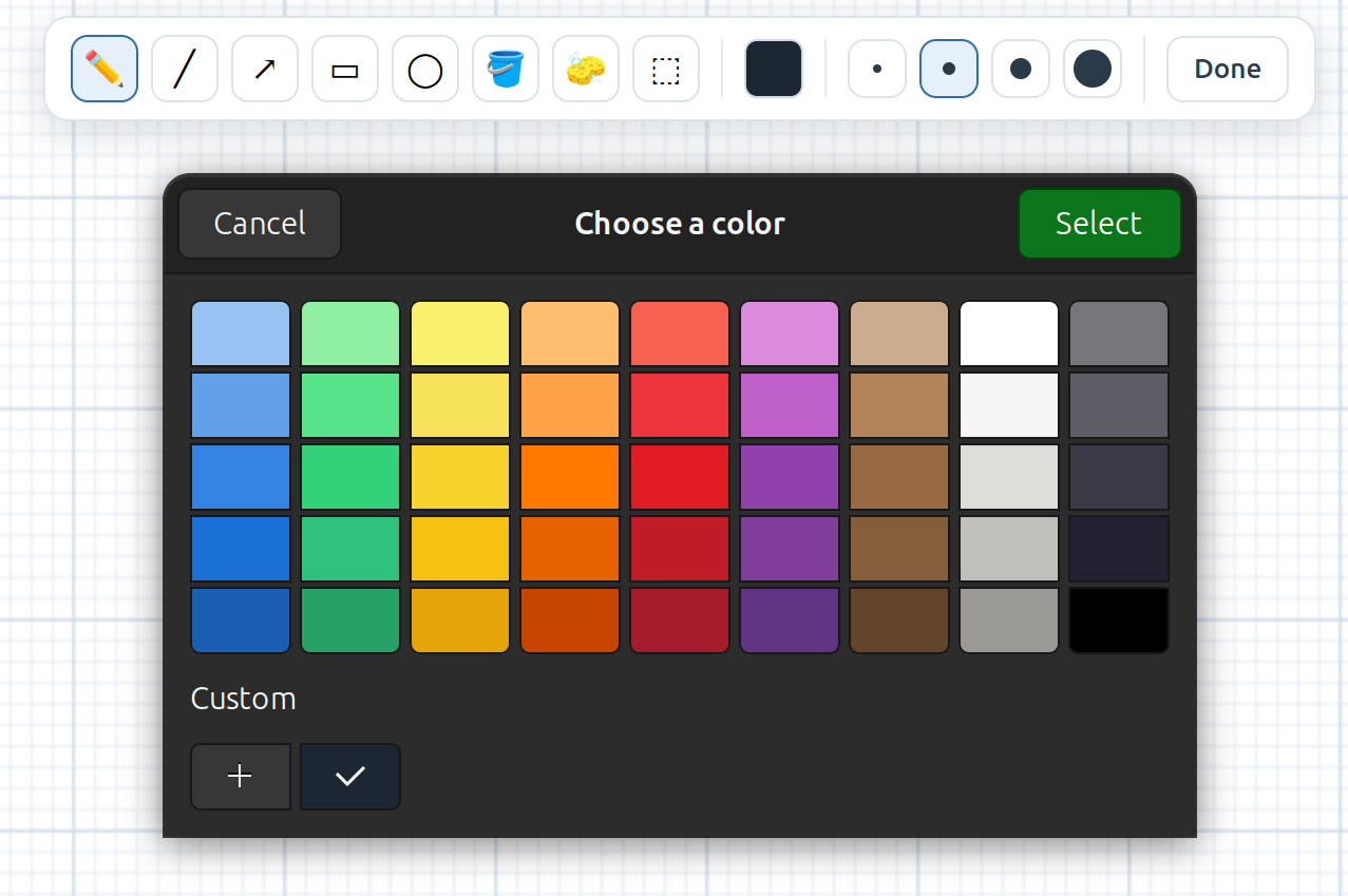 The drawing toolbar at the top of the board with freehand strokes, an arrow, and a filled shape sketched on the grid