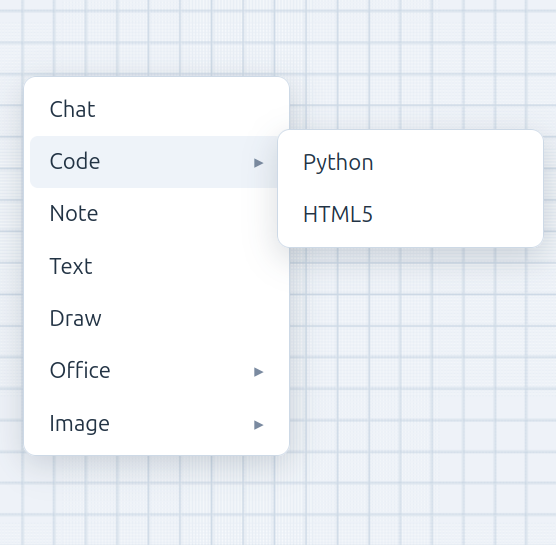 The right-click context menu open on an empty board, showing Chat, Code, Note, Draw, Office, and Image options