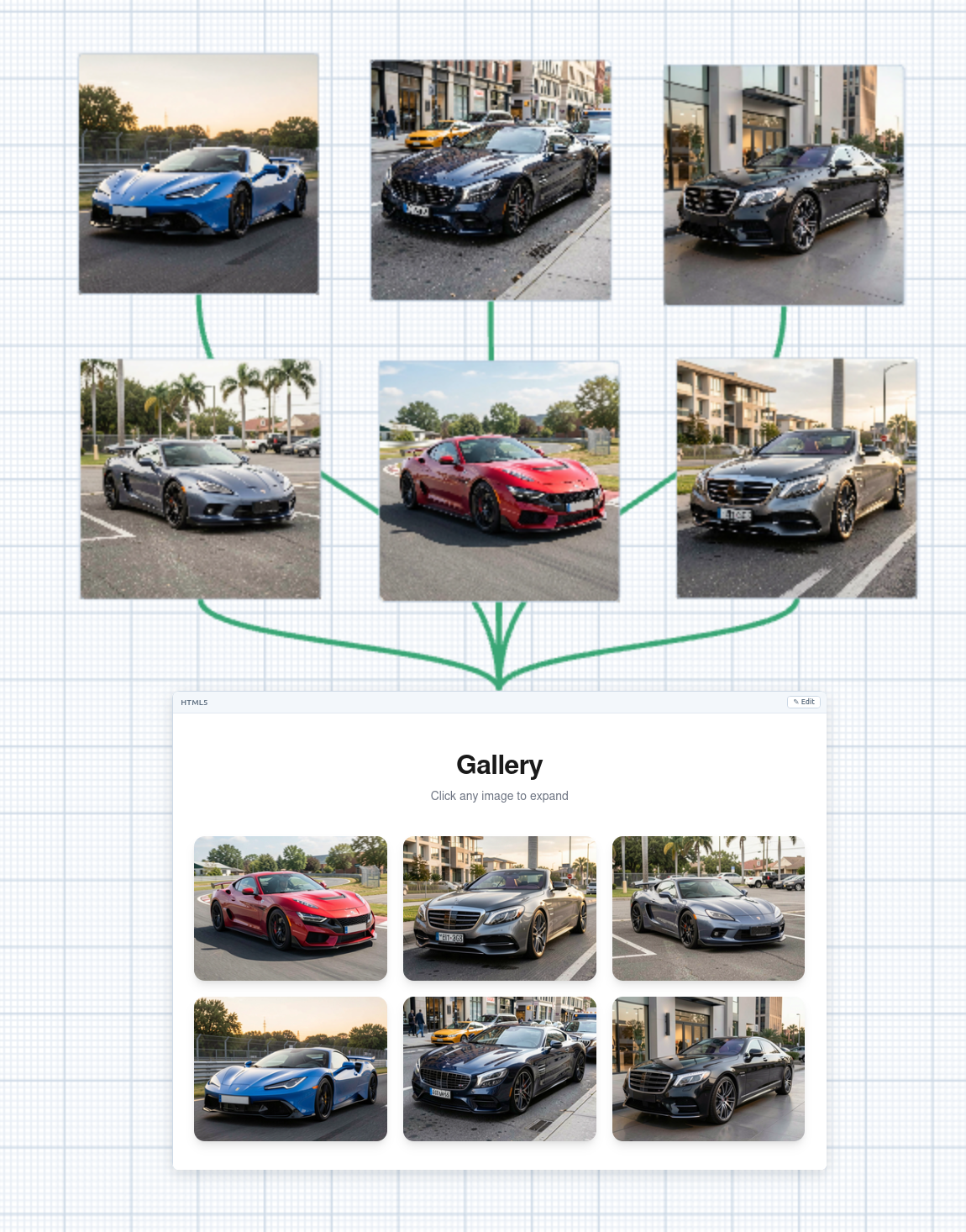 An HTML5 bubble with two board images linked to it by green connectors, the snippet rendering those images via the injected IMAGES global
