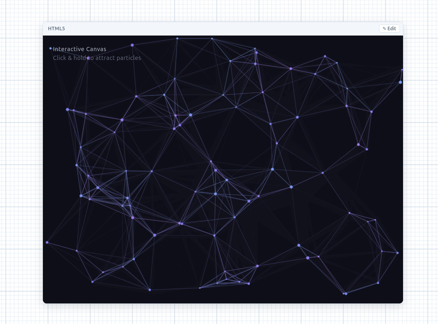 A live HTML5 snippet rendered in a sandboxed iframe bubble on the board, with the code-cell-style header chrome
