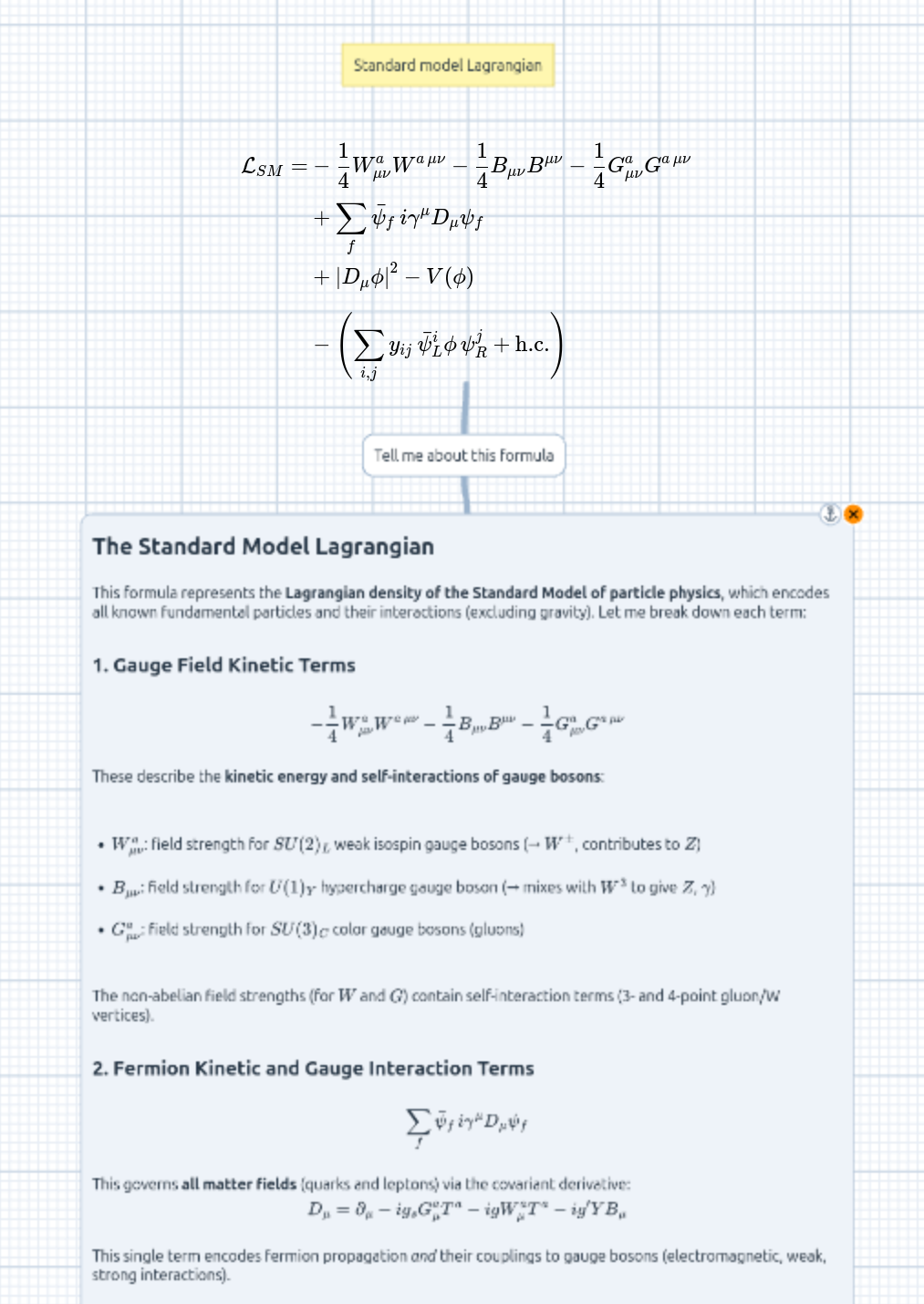 A formula joined by a Bézier connector to a question bubble beneath it, with the LLM's answer — itself containing typeset math — below
