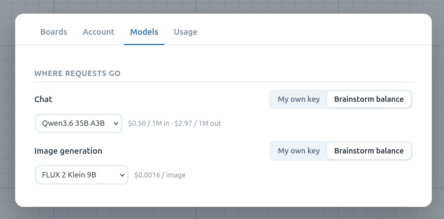 The Models tab with the Chat and Image generation tracks, each toggled between My own key and Hosted — showing the BYOK model / base URL / API key fields and the hosted model picker