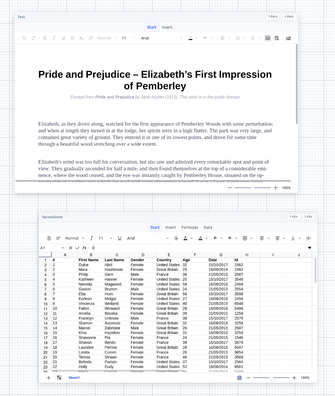 A rich-text document and a spreadsheet, each with its full editing toolbar, mounted side by side on the board